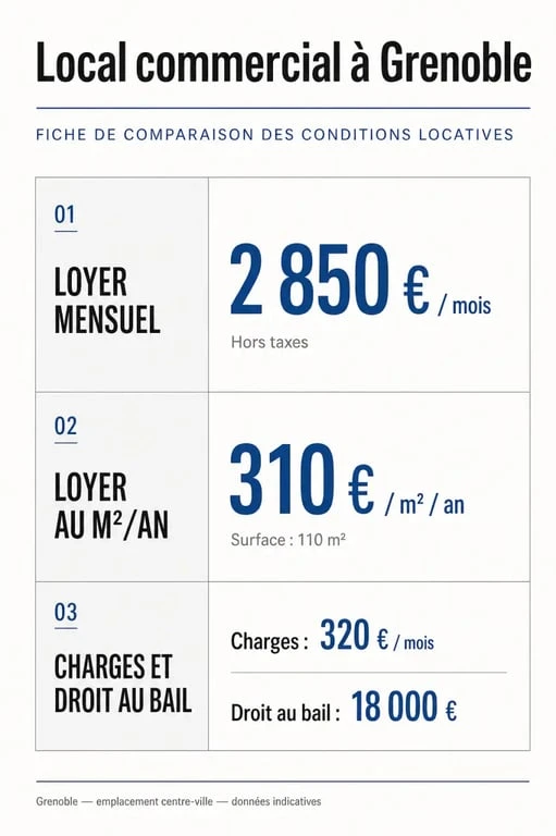 Local commercial Grenoble : comparaison visuelle des loyers, surfaces et charges