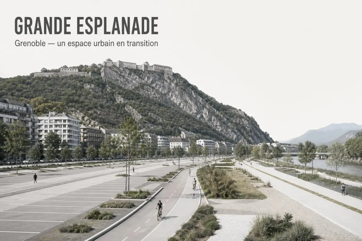 Grenoble esplanade vue large au pied de la Bastille et de l’Isère