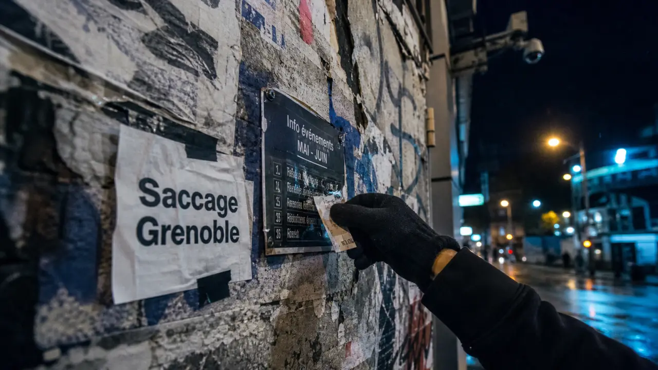 saccage grenoble : tags et prospectus sur mur urbain