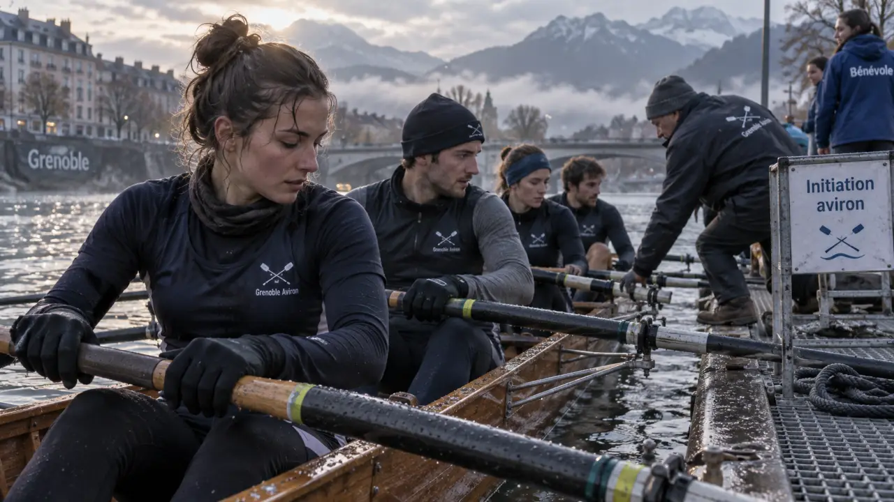 Aviron Grenoble : équipage en initiation sur le quai à Grenoble