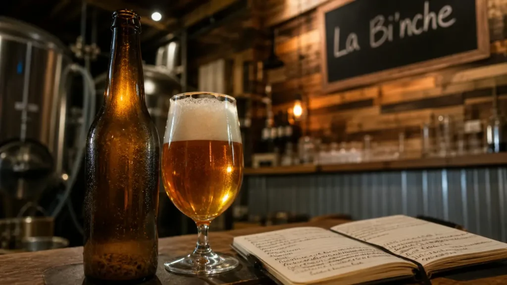 Bière chambarand La Bi’nche en brasserie : bouteille et verre