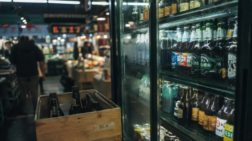 Bieres des halles : frigo de bières très froides au marché couvert