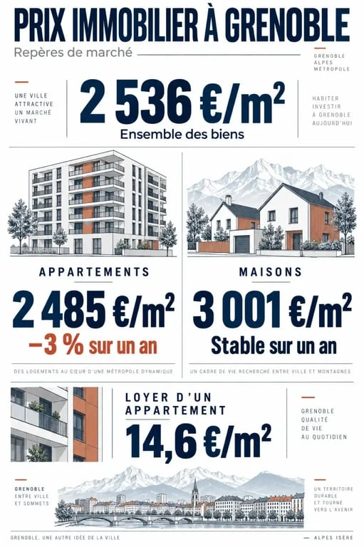 Infographie sur le prix immobilier à Grenoble selon les appartements, les maisons et les loyers