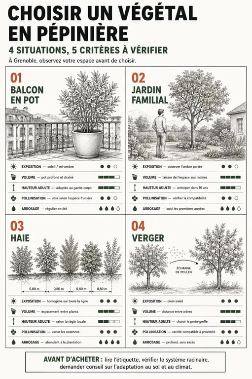 Infographie pour choisir une plante en pépinière Grenoble selon son projet de balcon, jardin, haie ou verger