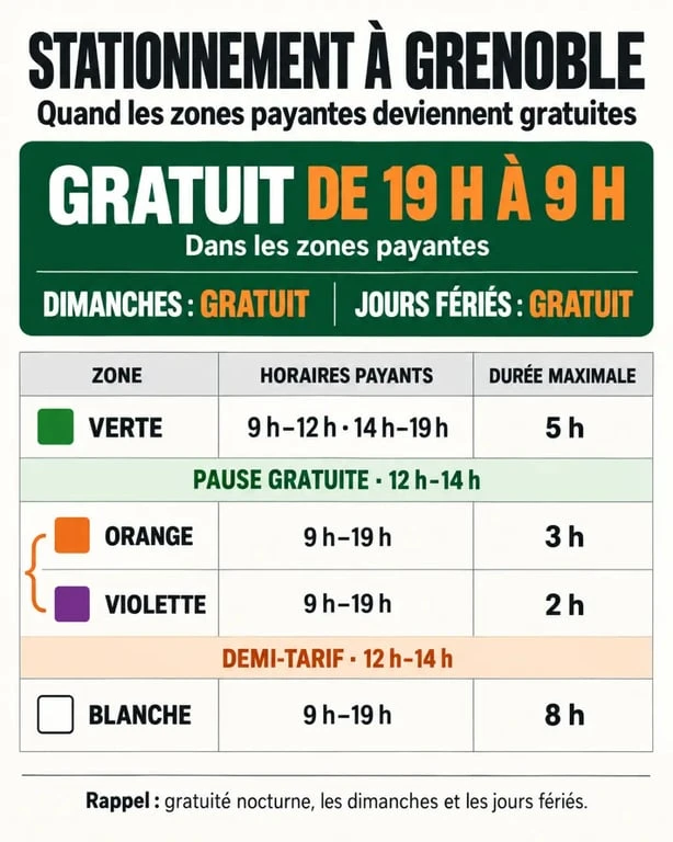 Infographie sur le stationnement gratuit à Grenoble et les horaires des zones de stationnement