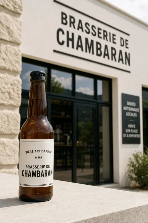 Bière chambarand : façade de la Brasserie de Chambaran et bouteille artisanale en avant-plan
