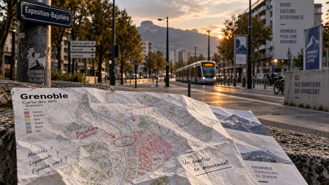 Quartier exposition-bajatière à Grenoble : carte IRIS et repères de limites