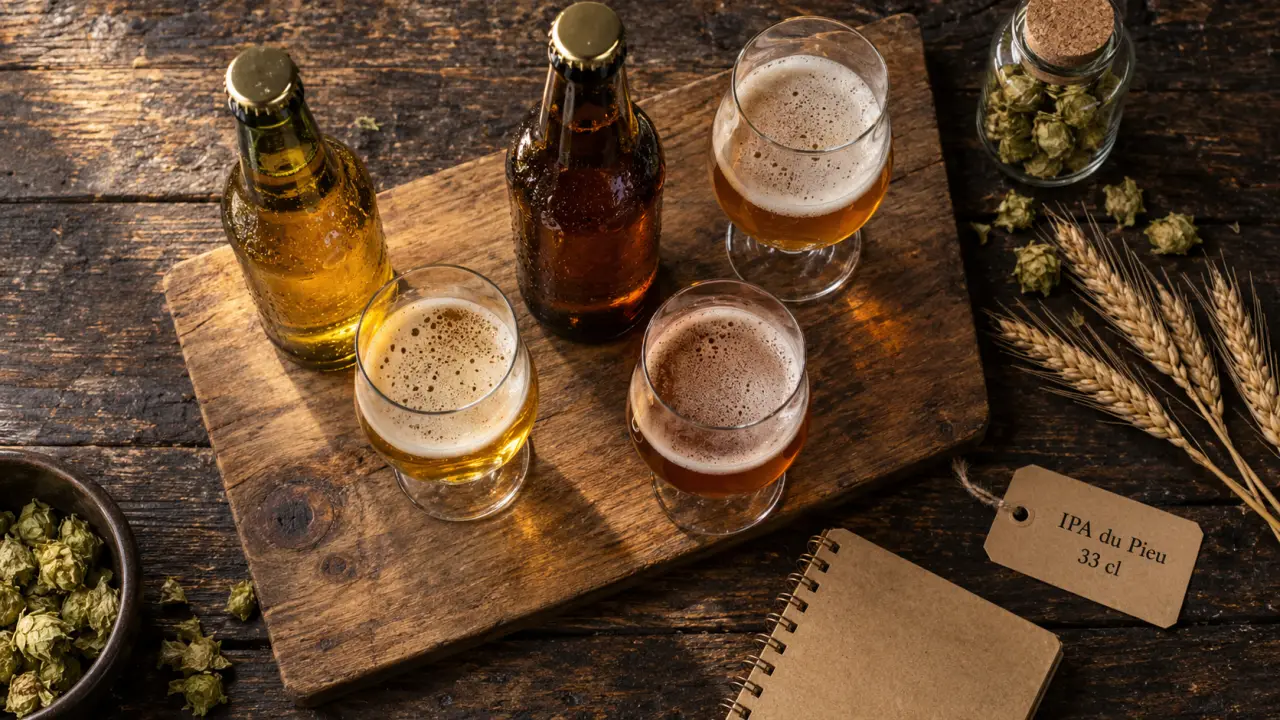 Photo microbrasserie du pieu : IPA et verres sur table bois
